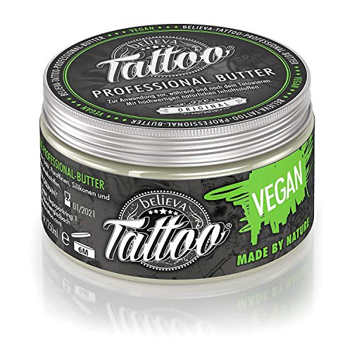 Believa Tattoo crema de mantequilla profesional - Mantequilla vegana para el cuidado del tatuaje (250ml)