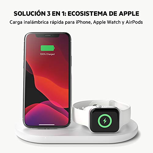 Belkin - Cargador inalámbrico 3 en 1, estación de carga de 7.5 W para iPhone, Apple Watch y AirPods, base de carga para iPhone, soporte de carga para Apple Watch, blanco