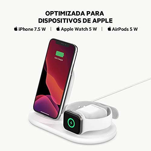 Belkin - Cargador inalámbrico 3 en 1, estación de carga de 7.5 W para iPhone, Apple Watch y AirPods, base de carga para iPhone, soporte de carga para Apple Watch, blanco