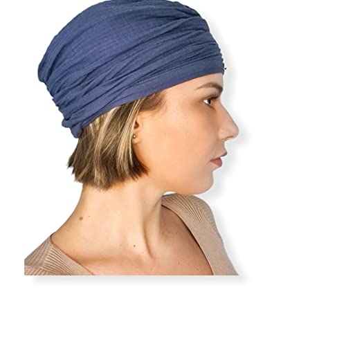 Belle Turban, Turbante para Mujer, Elegante Gorro Oncológico, Modelo Tafir, Color Azul Denim, Talla única, Hecho en 100% Algodón, Suave y Transpirable, No Irrita, Fabricado en España