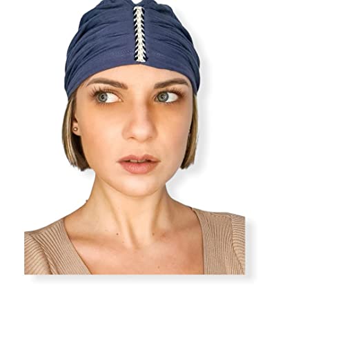 Belle Turban, Turbante para Mujer, Elegante Gorro Oncológico, Modelo Tafir, Color Azul Denim, Talla única, Hecho en 100% Algodón, Suave y Transpirable, No Irrita, Fabricado en España