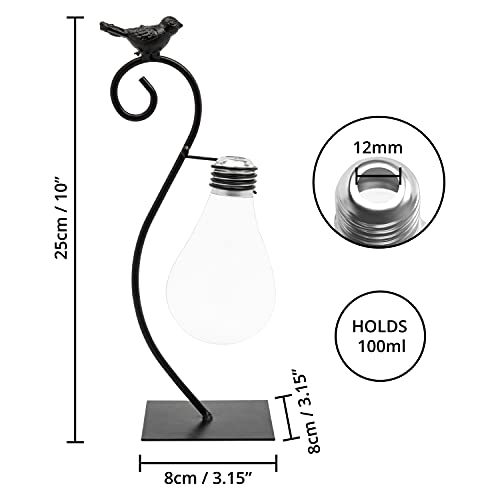 BELLE VOUS Maceta Jarrón Cristal Forma Bombilla con Soporte Metal Negro – Terrario Hidropónica con Diseño de Ave – Macetero Retro Adornos para Estanterias, Decor del Hogar, Oficina y Mesas