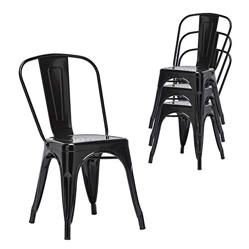 BenyLed Juego de 4 Sillas de Comedor de Metal Apilables, Estilo Vintage Industrial, Apto para Uso en Interiores y Exteriores, Silla de Jardín en Casa, Negro