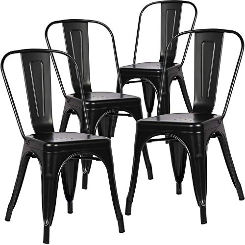 BenyLed Juego de 4 Sillas de Comedor de Metal Apilables, Estilo Vintage Industrial, Apto para Uso en Interiores y Exteriores, Silla de Jardín en Casa, Negro