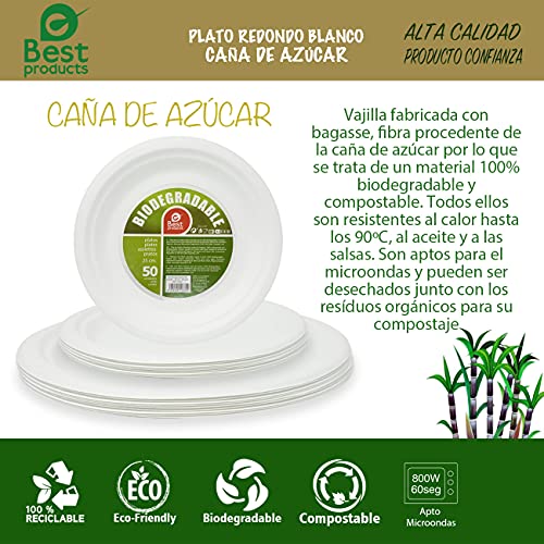 Best Product 50 Platos Blancos Redondos de 25 cm, Fabricado con Fibra Natural Caña de Azúcar, Platos Desechables para Postre. Reciclable, Biodegradables y Compostables, 100% Ecologicos