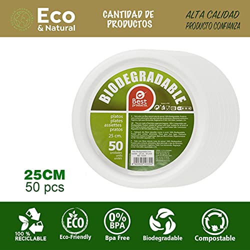 Best Product 50 Platos Blancos Redondos de 25 cm, Fabricado con Fibra Natural Caña de Azúcar, Platos Desechables para Postre. Reciclable, Biodegradables y Compostables, 100% Ecologicos