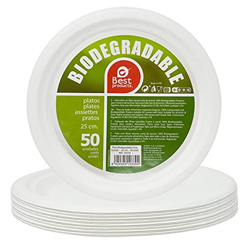 Best Product 50 Platos Blancos Redondos de 25 cm, Fabricado con Fibra Natural Caña de Azúcar, Platos Desechables para Postre. Reciclable, Biodegradables y Compostables, 100% Ecologicos