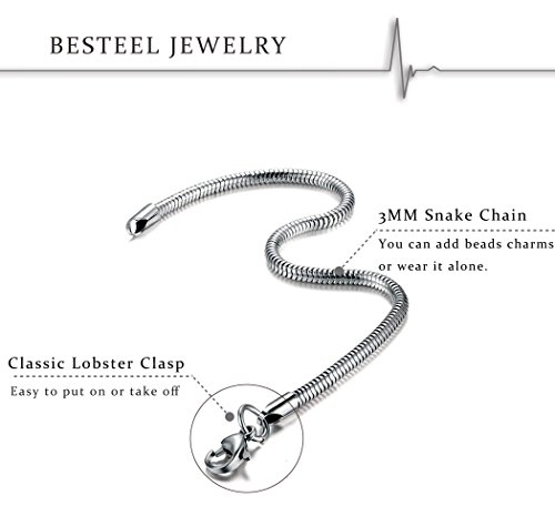 Besteel 3 MM Acero Inoxidable Pulsera Serpiente Cadena para Mujeres Hombres Brazalete Pulseras para Charms y Abalorios, 19CM