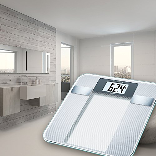 Beurer BG 13 - Báscula de baño diagnóstica de vidrio, cálculo del IMC, vidrio de seguridad, plataforma 30 x 30 cm, números con altura de 3.8 cm, semitransparente, Plata