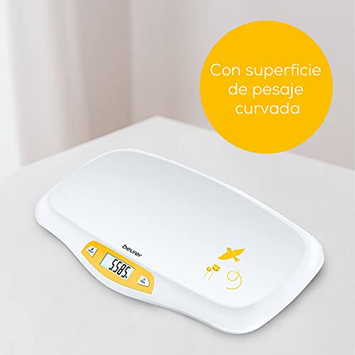 Beurer BY 80 Báscula para bebés, con superficie curvada, capacidad de 20 kg, función de tara y retención para bebés que patalean, medición y visualización en pasos de 5 g