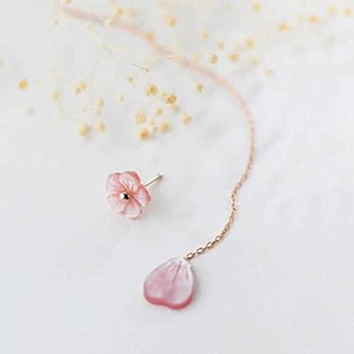 BEWITCHYU Línea de Oreja de Flor de Concha de Plata S925, Aretes Asimétricos de Dos Flores de Melocotón Rosa para MujerPlata 925, 11cm