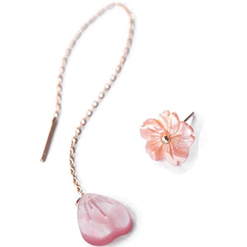 BEWITCHYU Línea de Oreja de Flor de Concha de Plata S925, Aretes Asimétricos de Dos Flores de Melocotón Rosa para MujerPlata 925, 11cm