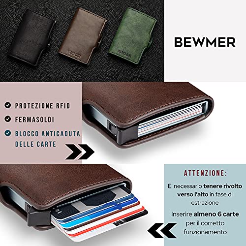 BEWMER-1 Billetera Pequeña Porta Tarjetas para Hombre y Mujer | Cartera Tarjetero con Protección RFID y Pinza para Billetes de Fibra de Carbono | DISEÑO Italiano Marrón