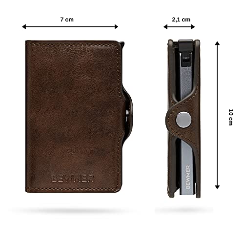 BEWMER-1 Billetera Pequeña Porta Tarjetas para Hombre y Mujer | Cartera Tarjetero con Protección RFID y Pinza para Billetes de Fibra de Carbono | DISEÑO Italiano Marrón