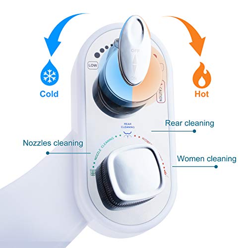 Bidet Toilet Seat Attachment, Hot&Cold Sprayer Bidet Non-Electric Mechanical, Self-Cleaning Dual Nozzle, Fresh Water Spray Bidet for Toilet with Adjustable Water Pressure/Temperature Switch