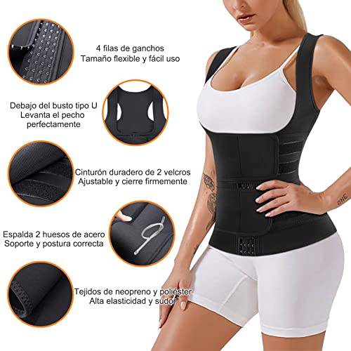 Bingrong Fajas Reductoras Abdomen Mujer para Sudar Fajas Lumbares Deportivas Sauna Chaleco Neopreno Comprecion de Doble Ajuste para Adelgazante Sudoración para Deporte Fitness (Negro, L)