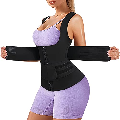 Bingrong Fajas Reductoras Abdomen Mujer para Sudar Fajas Lumbares Deportivas Sauna Chaleco Neopreno Comprecion de Doble Ajuste para Adelgazante Sudoración para Deporte Fitness (Negro, L)