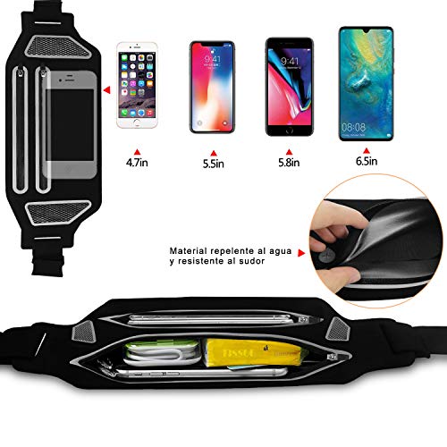 Bioasis Riñonera Deportiva, cinturón de Deporte, Mujer/Hombre, elástica, transporable y Impermeable, con Agujero de Auriculares, para el Correr, Aptitud, Ciclismo (Negro-Blanco)