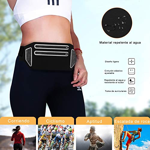 Bioasis Riñonera Deportiva, cinturón de Deporte, Mujer/Hombre, elástica, transporable y Impermeable, con Agujero de Auriculares, para el Correr, Aptitud, Ciclismo (Negro-Blanco)