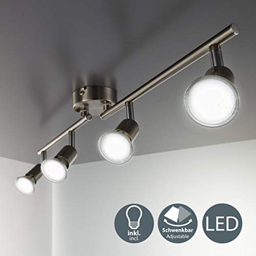 B.K.Licht - Lámpara de techo con 4 focos LED GU10, focos ajustables y giratorios para interiores, de luz blanca cálida, 3W y 250 lúmenes, 3000K, forma recta en barra, color níquel mate