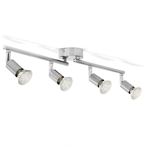 B.K.Licht - Lámpara de techo con 4 focos LED GU10, focos ajustables y giratorios para interiores, de luz blanca cálida, 3W y 250 lúmenes, 3000K, forma recta en barra, color níquel mate