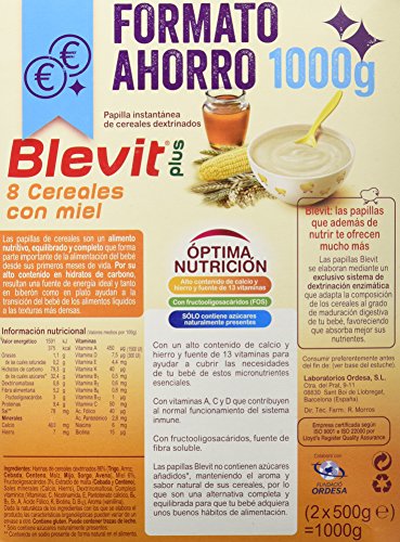 Blevit Plus 8 Cereales con Miel - Paquete de 2 x 500 gr - Total: 1000 gr