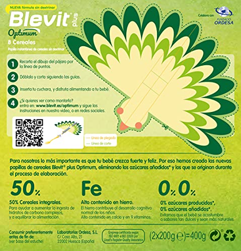 Blevit Plus Optimum 8 Cereales - Papilla de Cereales para Bebé con 50% de Cereales Integrales - Únicas Papillas para Bebé Sin Dextrinar - Desde los 6 meses - 400g