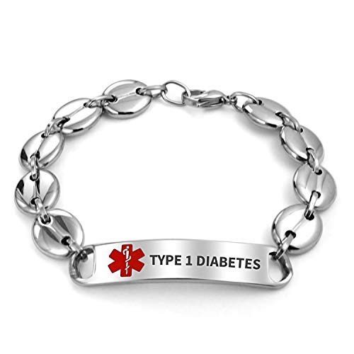 Bling Jewelry Tipo 1 Diabetes Identificación Médica Médico Alerta ID Etiqueta Pulseragrava grabable Mariner Cadena para Hombres Plata Tono Acero Inoxidable 8.5 Pulgadas Personalizado Engrave