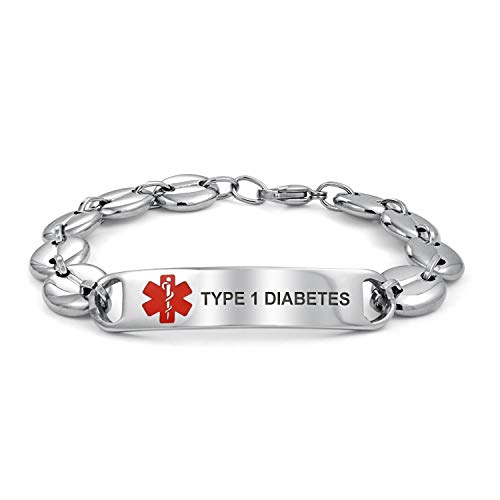 Bling Jewelry Tipo 1 Diabetes Identificación Médica Médico Alerta ID Etiqueta Pulseragrava grabable Mariner Cadena para Hombres Plata Tono Acero Inoxidable 8.5 Pulgadas Personalizado Engrave