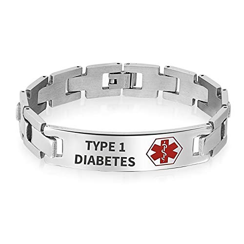 Bling Jewelry Tipo 1 Médicos de Identificación de La Diabetes Identificación Médica U Link Pulsera para Hombres 8.5 Pulgadas de Acero Inoxidable Personalizado Grabado