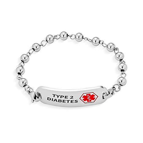 Bling Jewelry Tipo 2 Diabetes Identificación Médica Identificación ID Pulsera Bola Perla Cadena de Eslabones para Mujeres Acero Inoxidable 7 Pulgadas Personalizadas Grabadas