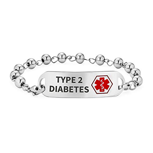 Bling Jewelry Tipo 2 Diabetes Identificación Médica Identificación ID Pulsera Bola Perla Cadena de Eslabones para Mujeres Acero Inoxidable 7 Pulgadas Personalizadas Grabadas