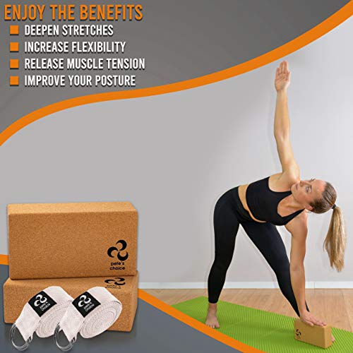 Bloques de Corcho y Correas de Yoga - Corcho Natural I 2 Bloques de Corcho y 2 Cinturon de Yoga | Cork Yoga Block firmes y sólidos I Eco Friendly I Yoga en casa