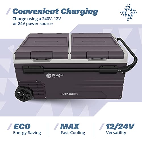 Bluefin Mini Nevera Ice Cache 95L Active/Nevera Portátil Eléctrica/Tecnología de Frío Avanzada/Recarga Eficiente/Compartimento Dual/App Control para Smartphone/Pantalla LCD/AC/DC