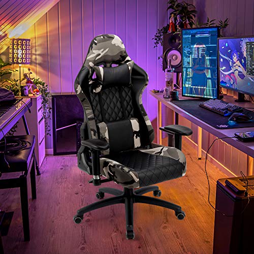 BlueOcean Furniture - Silla para juegos, silla de escritorio ergonómica para oficina, altura ajustable, giratoria, con almohadilla lumbar y de cabeza para adultos Camuflaje