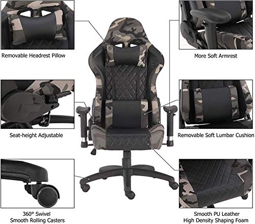 BlueOcean Furniture - Silla para juegos, silla de escritorio ergonómica para oficina, altura ajustable, giratoria, con almohadilla lumbar y de cabeza para adultos Camuflaje