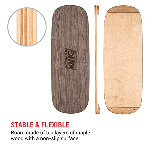 BoarderKING Indoorboard Classic - Tabla de equilibrio, Forma de monopatín, Madera de arce, Recubierto de plástico, Con esterilla y rodillos de corcho, Topes desmontables, 27 x 5 x 75 cm, Marrón