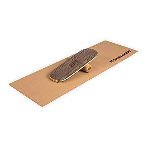 BoarderKING Indoorboard Classic - Tabla de equilibrio, Forma de monopatín, Madera de arce, Recubierto de plástico, Con esterilla y rodillos de corcho, Topes desmontables, 27 x 5 x 75 cm, Marrón