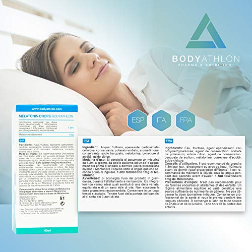 Bodyathlon –Melatonina pura gotas– Rápida conciliación del sueño –Efecto rápido y duradero- Sueño profundo y reparador – Duerme bien- Fácil dosificación – Sabor limón – Producto Vegano