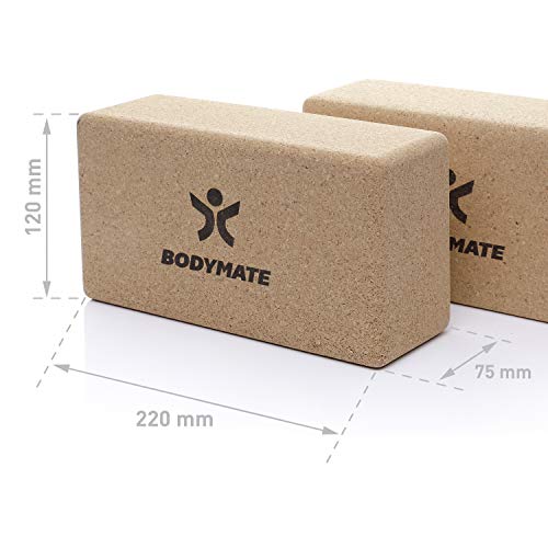 BODYMATE Bloques de Yoga de Corcho Natural 100% ecológico, 2X Ladrillos de Yoga, Apoyo para Todas Las asanas, meditaciones y Ejercicios de relajación, para Principiantes y Profesionales, 22x12x7,5cm