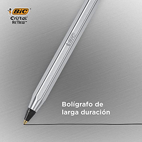 Bolígrafo BIC de Metal Reutilizable- BIC Cristal Re'New 2 Bolígrafos de Calidad y 2 Recargas - Tinta Azul y Negro, Pack de 2+2