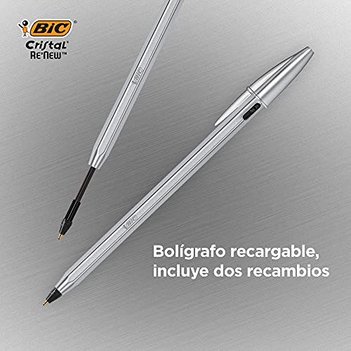 Bolígrafo BIC de Metal Reutilizable- BIC Cristal Re'New 2 Bolígrafos de Calidad y 2 Recargas - Tinta Azul y Negro, Pack de 2+2