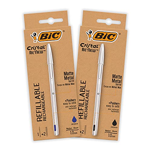 Bolígrafo BIC de Metal Reutilizable- BIC Cristal Re'New 2 Bolígrafos de Calidad y 2 Recargas - Tinta Azul y Negro, Pack de 2+2