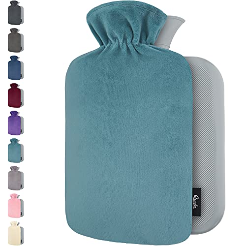 Bolsa de Agua Caliente con Funda - Funda de Vellón Premium Suave - 1.8L Gran Capacidad - Bolsa Agua Caliente para el alivio del dolor de espalda, cuello, hombros y para noches acogedoras - Verde Azul