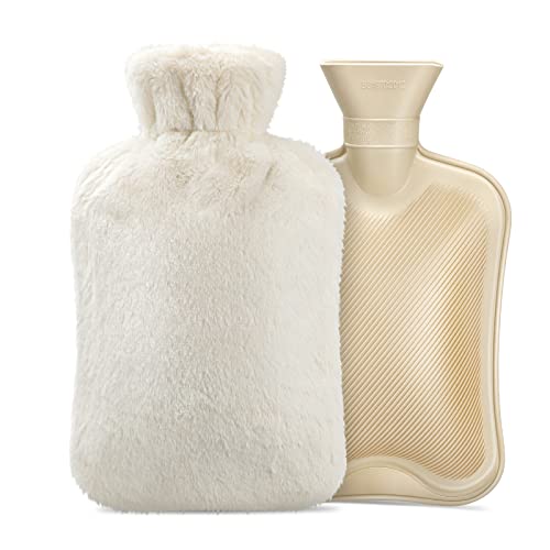 Bolsa de Agua Caliente, Homealexa Botellas de Agua Caliente con Suave Felpa Funda 2L Natural Goma Agua Caliente Bolsa Hot Water Bottle para Mantener el Agua Beige