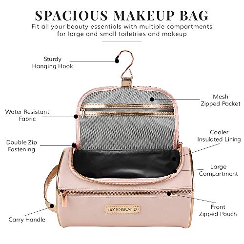 Bolsa de Aseo Colgante para Mujeres - Neceser Grande Impermeable de Viaje - Bolsa de Maquillaje con Aislante Térmico de Frío - Rosa y Oro Rosa, Lily England