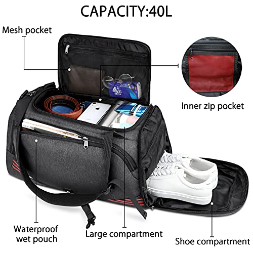 Bolsa Deporte Bolsa Gimnasio de Viaje 40L 65L Impermeable Bolsos Deportivos con Mochila Función y Compartimento para Zapatos Fin de Semana Travel Duffle Bag para Hombre y Mujer, Negro