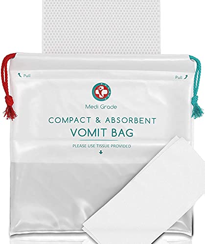 Bolsas Vomito con Almohadillas Superabsorbentes + Toallas de Limpieza [Paquete de 22]–Para Barcos o Aviones by Medi Grade-Convierten Vómito en Gel Capacidad hasta 1000ml–No Gotea – Bolsas Desechables