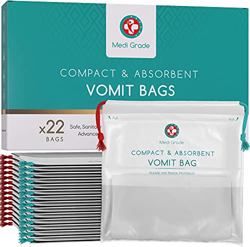 Bolsas Vomito con Almohadillas Superabsorbentes + Toallas de Limpieza [Paquete de 22]–Para Barcos o Aviones by Medi Grade-Convierten Vómito en Gel Capacidad hasta 1000ml–No Gotea – Bolsas Desechables