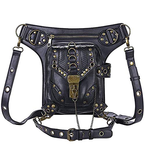 Bolso de Hombro de Cuero Steampunk, Cuero de PU Bandolera Paquetes De Cintura Pierna Bolsas táctico Pierna Banana Macutos de Senderismo Negro Waist Leg Bag